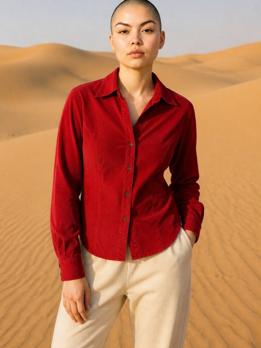 ST. JOHN'S BAY, Women's Long-Sleeve Red Corduroy Button-Down Shirt, Size Large